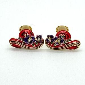 Vintage Red Hat Society Ladies Enamel Clip On Earrings Gold Metal Purple Flowers